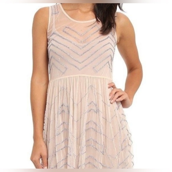 Free People Embellished Sheer Moon Eyes Cream Chevron Beaded Dress - Picture 4 of 11